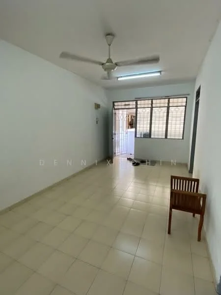 Living features: white painted walls, ceramic tile flooring, ceiling fan, large windows, door leading to outdoor area, single wooden chair, neutral color scheme, open layout; style: minimalist.