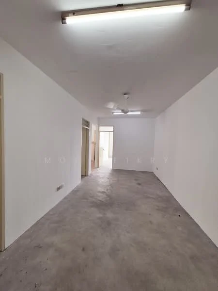 Room features: white painted walls, concrete flooring, ceiling lights, ceiling fan, open layout, no visible furniture, neutral color scheme, large space; style: minimalist.