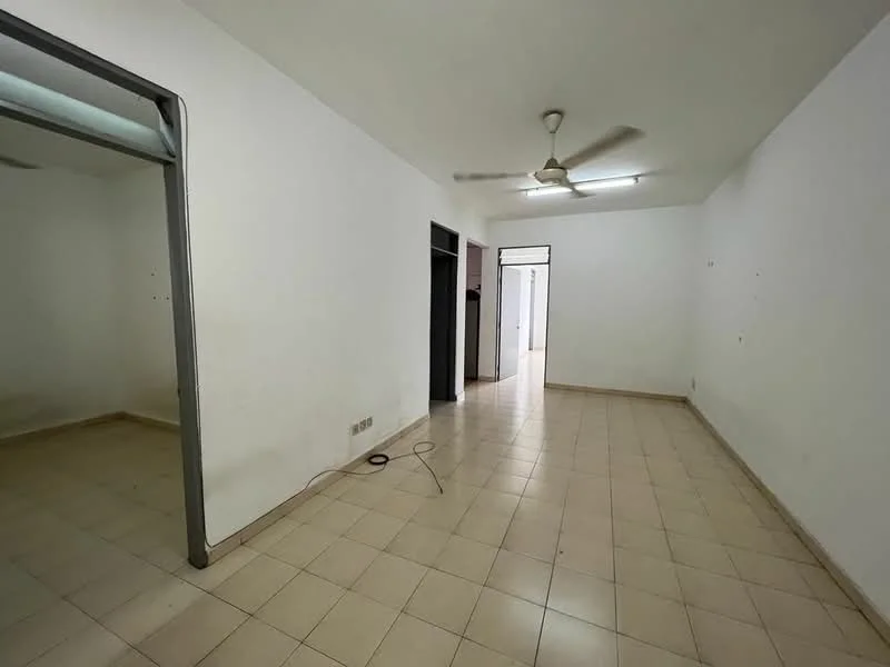 Room features: white painted walls, tile flooring, ceiling fan, doorway leading to another room, doorway leading to hallway, light fixture on ceiling, empty space, neutral color scheme.