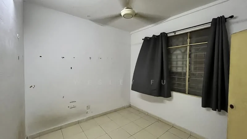 Room features: white painted walls, tile flooring, ceiling fan, blackout curtains, window with metal grille, light switch, door, unpainted wall sections.