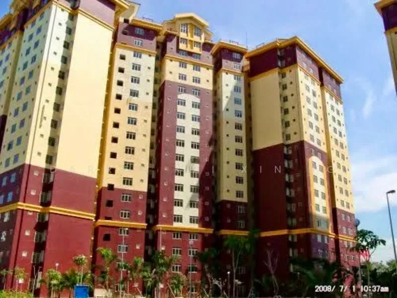 Exterior type: high-rise condominium; features: multi-storey building, red and cream painted facade, balconies on upper floors, windows with metal frames, landscaped area at the base, surrounding greenery, parking area visible, modern architectural design; style: modern.