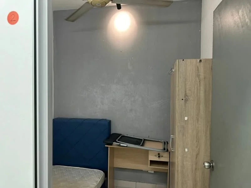 Room features: grey accent wall, white painted walls, ceiling fan, single bed, wooden desk, wooden wardrobe, mattress on bed frame, tile flooring, light fixture on ceiling.