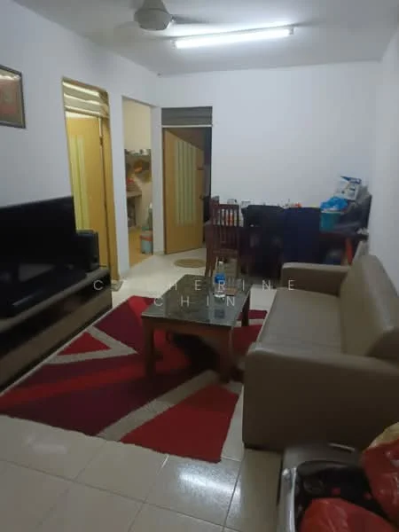 Living features: 3-seater fabric sofa in beige, coffee table, TV console, wall-mounted TV, area rug with geometric pattern, ceiling fan, cream painted walls, tile flooring, dining table with chairs visible in background.