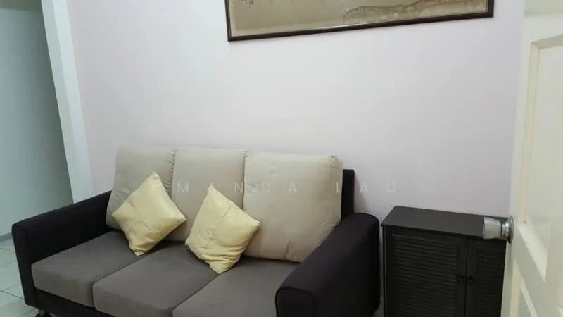 Living features: fabric 3-seater sofa in grey, two yellow decorative cushions, black side table, light pink painted walls, white tiled flooring, framed artwork on wall.