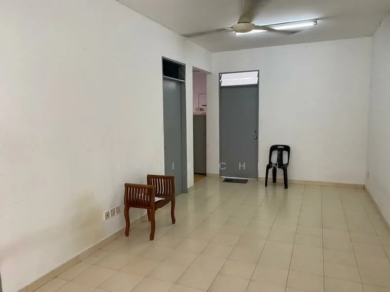 Room features: white painted walls, tiled flooring, ceiling fan, two wooden chairs, one plastic chair, doorway to kitchen, doorway to hallway, fluorescent ceiling light; style: minimalist.