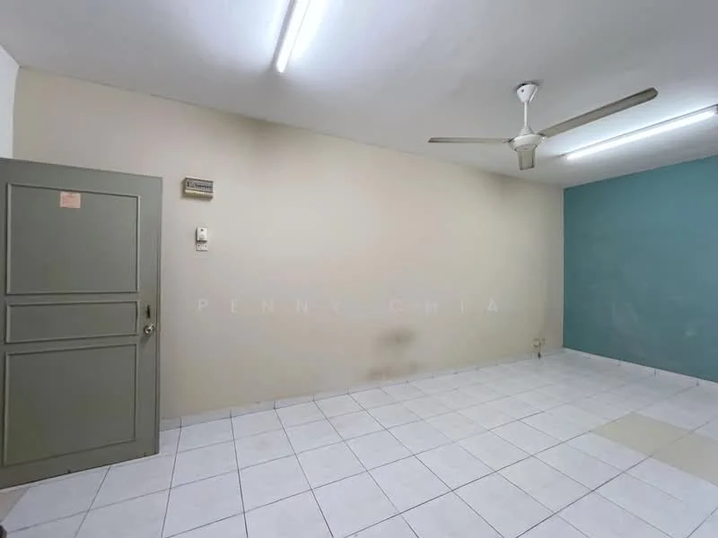 Room features: white painted walls, light blue accent wall, white tiled flooring, ceiling fan, single door, light fixtures, no visible furniture, no visible windows.