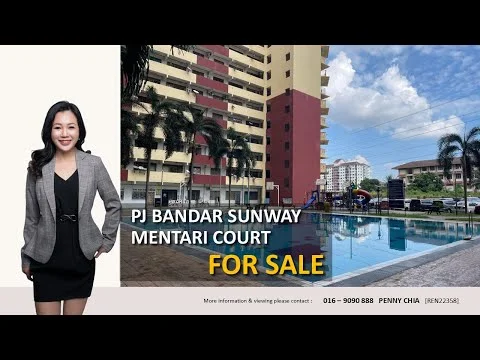 Exterior type: low-rise apartment block; features: swimming pool, pool deck with loungers, manicured landscaping, palm trees, balconies on upper floors, parking spaces visible, modern facade with cream and red accents, entrance with security features; style: modern.