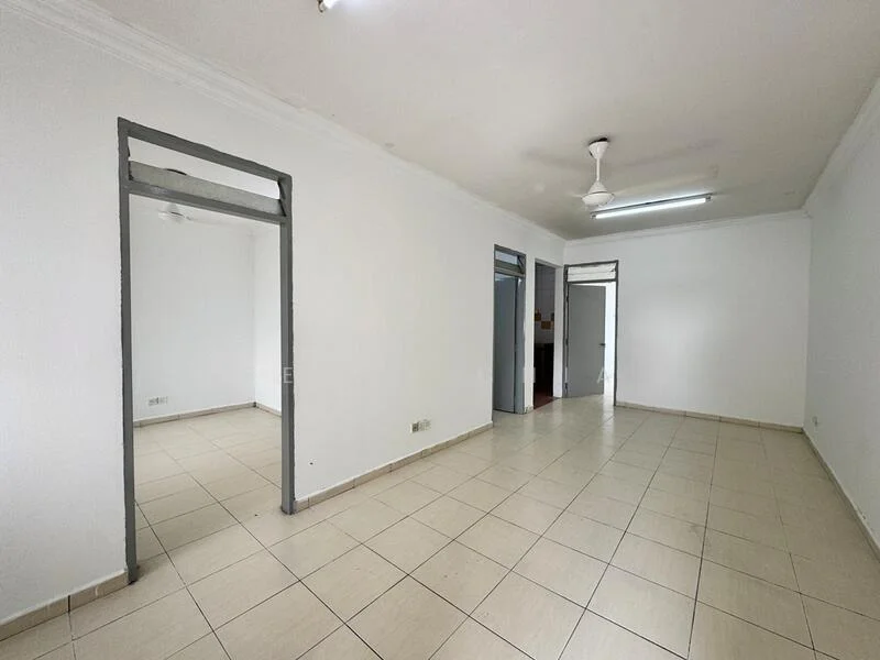 Room features: white painted walls, tile flooring, ceiling fan, recessed lighting, door frames, multiple doorways, neutral color scheme, no visible furniture; style: minimalist.