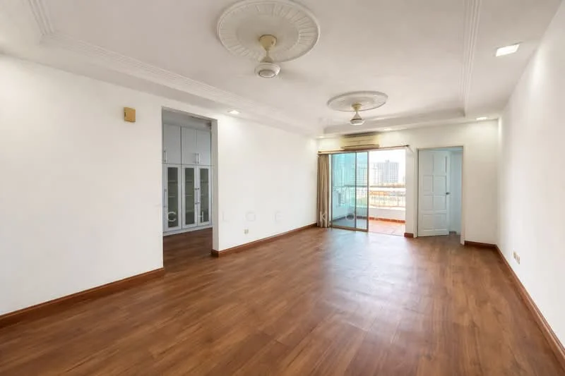 Living features: wooden flooring, white painted walls, crown moulding, 2 ceiling fans with integrated lights, floor-to-ceiling sliding glass door, balcony access, natural light from large windows, neutral decor; style: modern; view: city. Room features: white painted walls, built-in cabinets, door leading to another room.