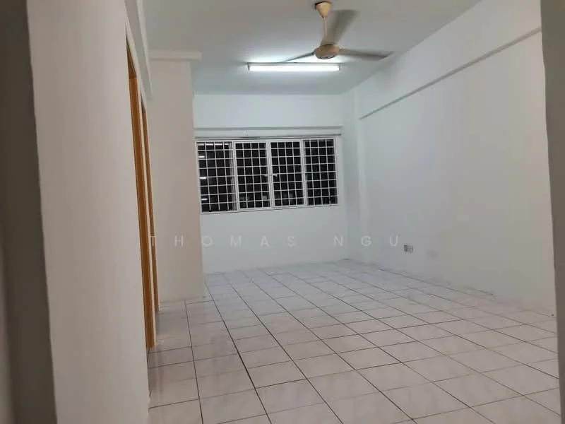 Living features: white painted walls, white ceiling, tile flooring, ceiling fan, large windows with metal grilles, neutral color scheme, corner lighting, open layout.