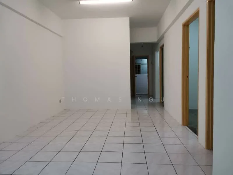 Room features: white painted walls, ceramic tile flooring, fluorescent ceiling light, door frames, open layout, multiple doorways, neutral color scheme; style: modern.