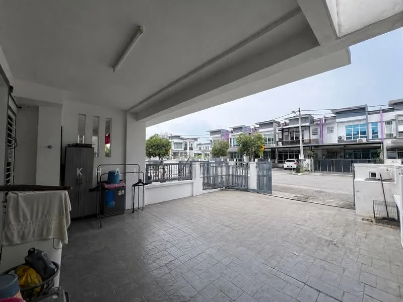 Exterior type: linked terrace house; features: paved flooring, covered porch area, metal gate, fenced perimeter, street view, surrounded by residential buildings, outdoor space, front yard, grey exterior walls; style: modern.