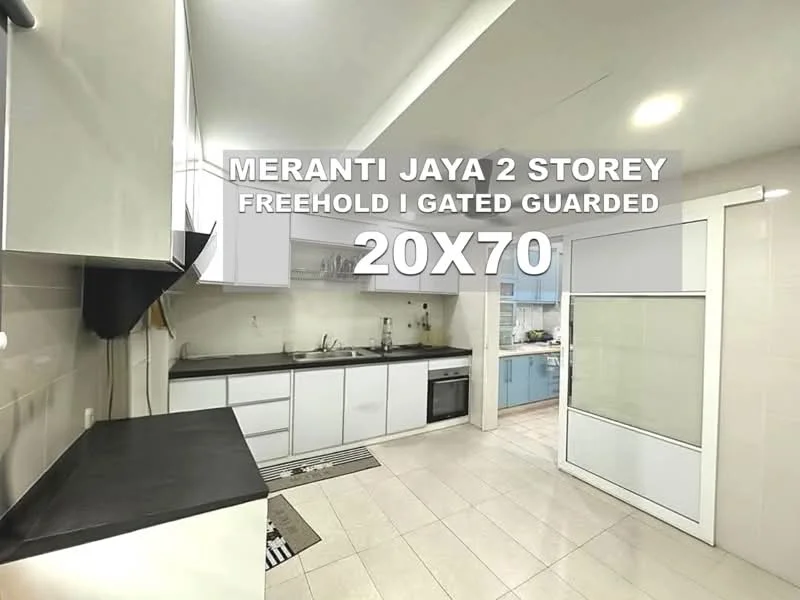 Kitchen features: black granite countertop, white cabinetry, built-in oven, stainless-steel sink, chrome pull-down faucet, ceramic tile flooring, white tiled backsplash, kitchen island, recessed downlights, open shelving, microwave, stainless-steel range hood; style: modern.