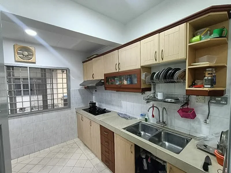 Kitchen features: light grey tiled flooring, white tiled walls, wood cabinetry in light beige, dark wood lower cabinetry, stainless-steel sink, chrome pull-down faucet, built-in gas stove, exhaust hood, open shelving, dish rack, window with security bars, wall clock, kitchen utensils on shelves, green and pink kitchenware; style: modern.