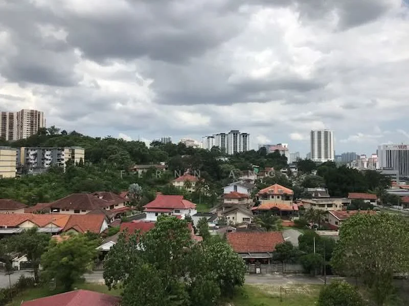 Exterior features: residential houses, greenery, urban skyline, cloudy sky, varied roof styles, surrounding trees; style: contemporary.