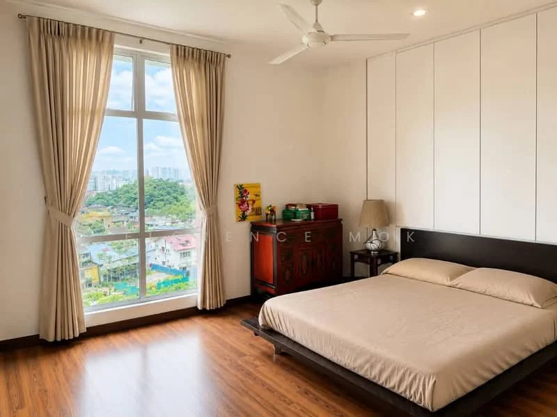 Bedroom features: queen-size bed, wooden bed frame, floor-to-ceiling windows, curtains, wooden flooring, decorative lamp, wooden dresser, wall-mounted artwork; style: modern; view: city.