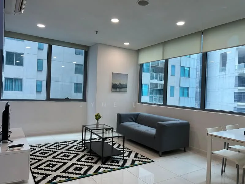 Living features: grey leather sofa, black and white geometric area rug, white TV console, wall-mounted TV, floor-to-ceiling windows, roller blinds, recessed LED downlights, small coffee table, decorative plant on table; style: modern; view: city.