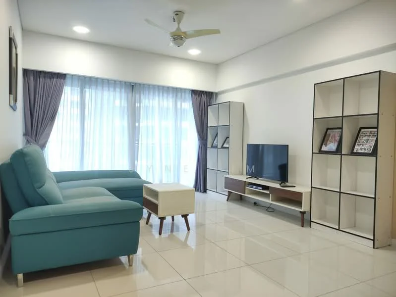 Living features: 3-seater fabric sofa in teal, white coffee table, TV console with storage, wall-mounted TV, floor-to-ceiling windows, sheer curtains, recessed downlights, glossy tile flooring, ceiling fan, decorative wall art, open shelving unit; style: modern.
