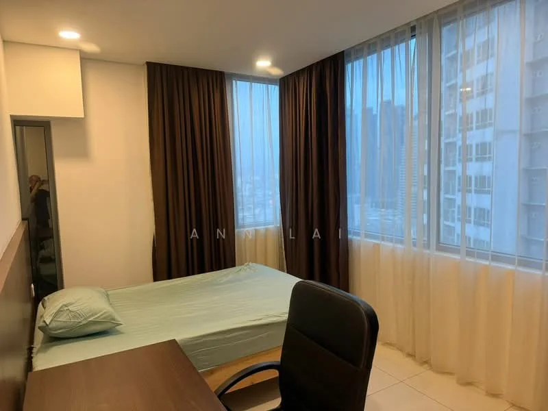 Bedroom features: single bed with light blue bedding, wooden headboard, study desk with chair, floor-to-ceiling windows, sheer curtains, dark brown curtains, white painted walls, tile flooring, built-in wardrobe with mirror; style: modern; view: city.
