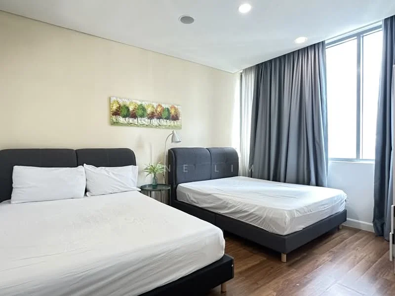 Bedroom features: two queen-size beds with grey upholstered headboards, white bedding on both beds, wooden flooring, floor-to-ceiling windows, grey curtains, table lamp with a modern design, decorative wall art with a nature theme, built-in wardrobe; style: modern.