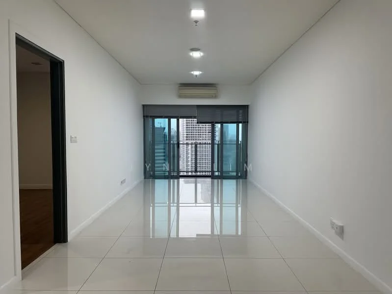 Living features: white painted walls, glossy white tile flooring, recessed downlights, floor-to-ceiling windows, sliding glass door, air conditioning unit, city view, roller blinds; style: modern; view: city.