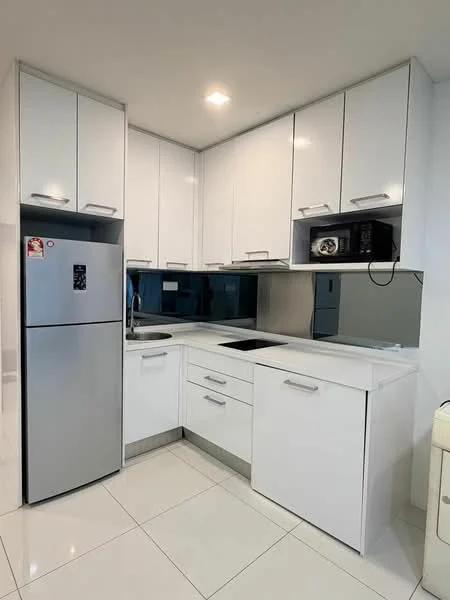 Kitchen features: white cabinetry with flat-panel doors, stainless-steel fridge, built-in microwave, black countertop, ceramic tile backsplash, single-bowl stainless-steel sink, chrome pull-down faucet, induction cooktop, white tiled flooring, recessed LED downlights, mirror finish on backsplash, open shelving above countertop; style: modern.