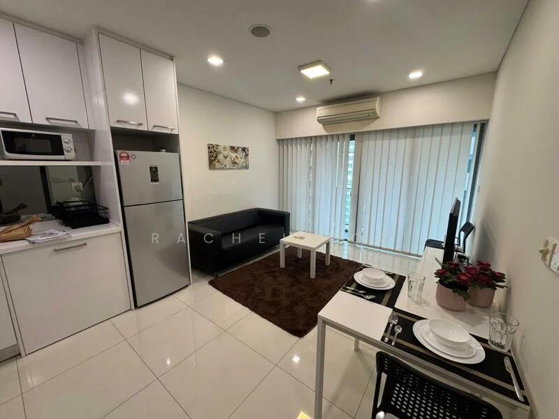 Living features: white painted walls, glossy tile flooring, recessed downlights, floor-to-ceiling windows, black leather sofa, coffee table, TV console, wall-mounted TV, air conditioning unit, decorative wall art, area rug with geometric pattern, dining table with chairs; style: modern. Kitchen features: white cabinetry, stainless-steel fridge, microwave, built-in oven, 4-burner gas hob, black countertop, kitchen sink, open shelving; style: modern.
