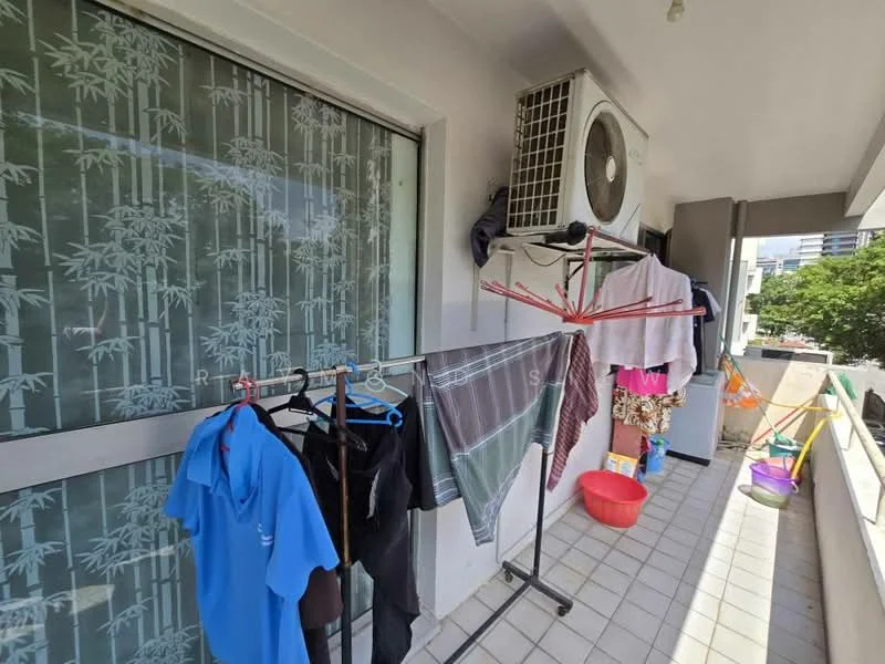 Room features: sliding glass door, floor-to-ceiling windows, bamboo-patterned sheer curtains, wall-mounted split AC, tiled flooring, clothes drying rack, hanging clothes, plastic laundry basket, outdoor view, balcony railing; view: city.