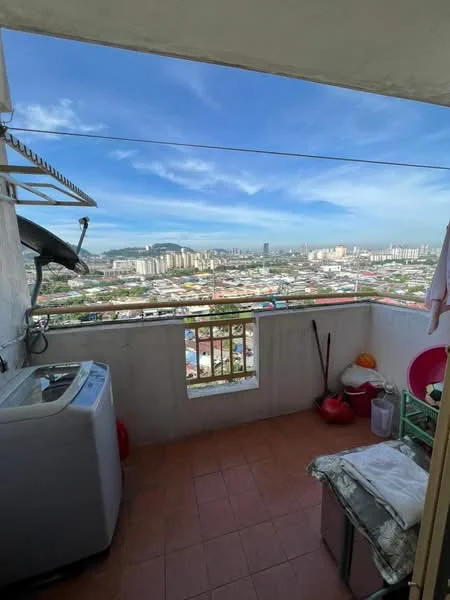 Room features: washing machine, balcony railing, city skyline view, tile flooring, outdoor storage, plastic bucket, cleaning tools, clothes drying rack; view: city.