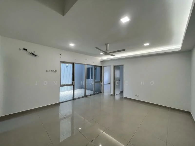 Living features: white painted walls, polished ceramic tile flooring, recessed LED downlights, 5-blade ceiling fan, sliding glass door, floor-to-ceiling windows, open layout, natural light, neutral color palette; style: modern.