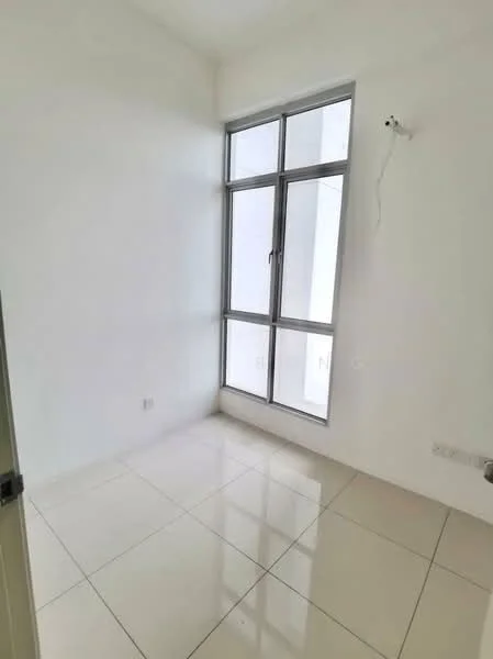 Room features: white painted walls, glossy ceramic tile flooring, floor-to-ceiling windows, natural light from windows, single window with metal frame, minimalist design, no visible furniture, neutral color palette; style: modern.
