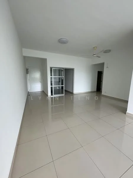Room features: white painted walls, glossy ceramic tile flooring, ceiling fan, recessed downlights, sliding glass door, doorway to adjacent rooms, neutral color scheme, large windows, open layout; style: modern.
