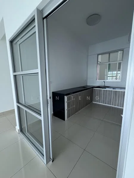 Kitchen features: black countertop, wood cabinetry with horizontal grain, stainless-steel sink, single-bowl sink, chrome faucet, tile flooring, large window for natural light, open layout, modern design, recessed ceiling light; style: modern.