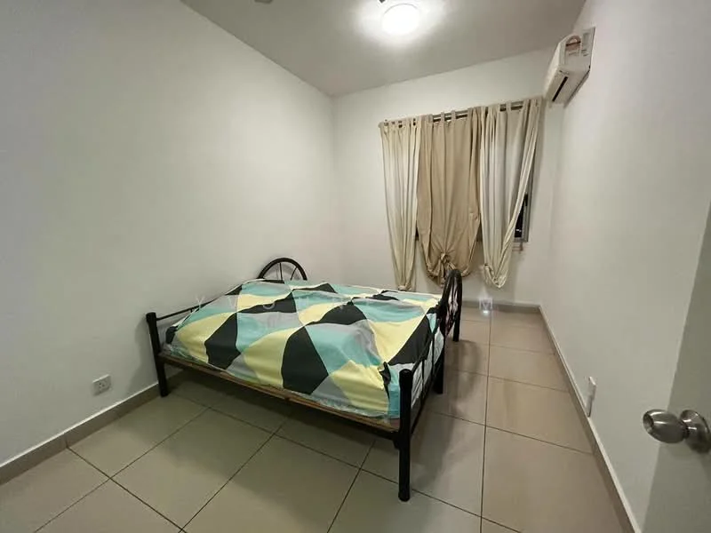 Bedroom features: queen-size bed, multicolored bedspread, white painted walls, tile flooring, curtains, 1 wall-mounted split AC, ceiling light, black metal bed frame.