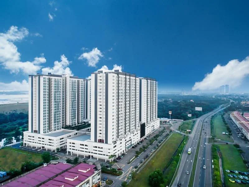 Exterior type: high-rise condominium; features: glass curtain wall, white painted facade, multiple balconies, surrounded by greenery, parking deck, manicured lawn, adjacent to highway; style: modern.