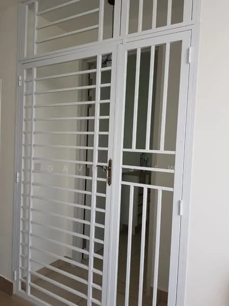 Room features: metal security grille door, white painted finish, horizontal and vertical bars, door handle, light-colored wall, tile flooring; style: modern.