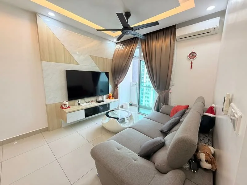 Living features: grey fabric L-shape sectional sofa, white coffee table, wall-mounted flat-screen TV, light wood feature wall, marble accent wall, floor-to-ceiling windows, sheer curtains, recessed downlights, 5-blade ceiling fan with light, air conditioning unit, decorative wall hanging, tile flooring; style: modern; view: city.
