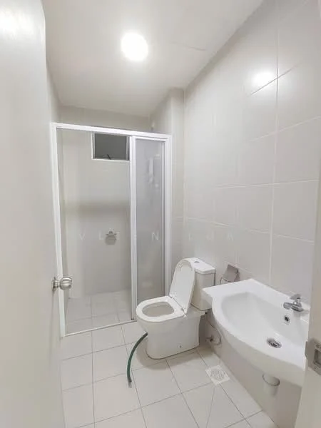 Bathroom features: white tiled walls, light grey tiled flooring, single-sink vanity with white cabinet, chrome basin mixer faucet, one-piece toilet, walk-in shower with glass enclosure, shower head, exhaust fan, mirror above sink, window for natural light; style: modern.