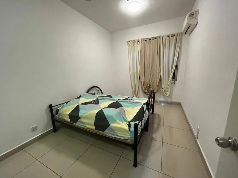 Bedroom features: queen-size bed with patterned bedding, cream painted walls, tile flooring, curtains, wall-mounted air conditioning unit, ceiling light fixture, wooden bed frame, single bedside table; style: minimalist.