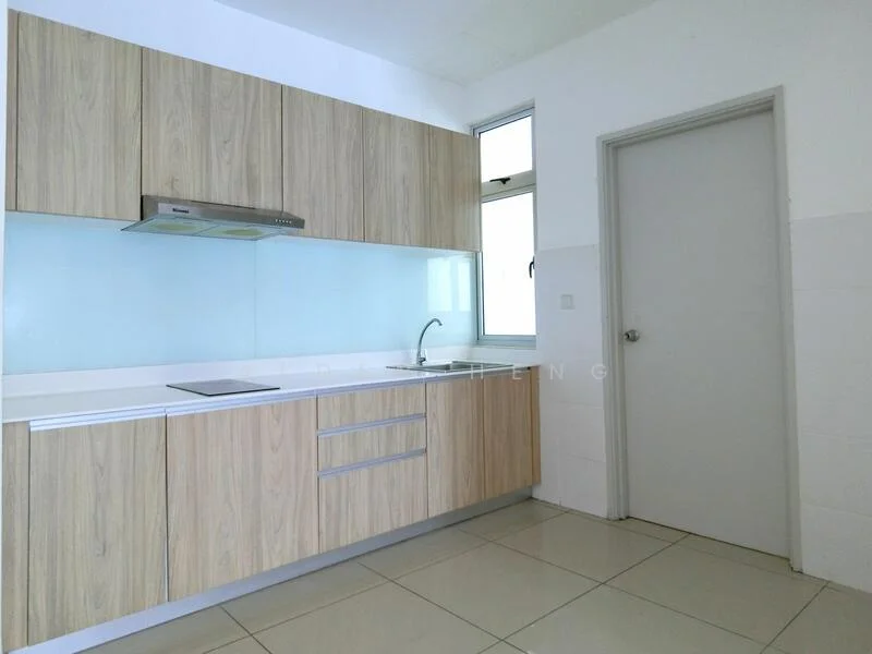 Kitchen features: light wood cabinetry, white countertop, stainless-steel range hood, single-bowl stainless-steel sink, chrome pull-down faucet, glass backsplash, built-in cooktop, tile flooring, window for natural light, neutral wall color; style: modern.