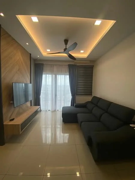 Living features: L-shape sectional sofa in dark grey, wall-mounted TV, wooden TV console, recessed ceiling lights, tray ceiling with LED strip lighting, floor-to-ceiling windows with sheer curtains, glossy tile flooring, ceiling fan; style: modern; view: city.