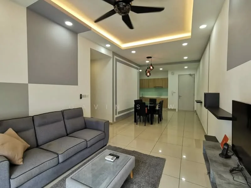 Living features: grey fabric 3-seater sofa, area rug with geometric pattern, wall-mounted TV, TV console, recessed downlights, ceiling fan with light, cream painted walls, white tiled flooring, decorative pendant light, open layout to dining area; style: modern. Dining features: black dining table for 6, black dining chairs, open layout to living area, kitchen visible in background; style: modern.