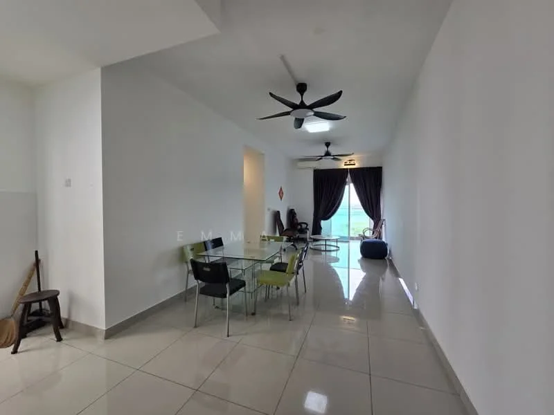 Living features: glossy tile flooring, white painted walls, 5-blade ceiling fan with light, large windows with city view, dark curtains, glass dining table with green chairs, black bean bag, recessed lighting, air conditioning unit; style: modern; view: city.
