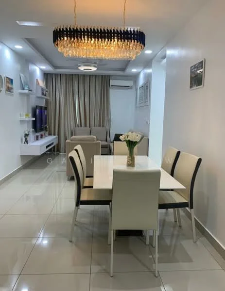 Dining features: white dining table, 6 white upholstered dining chairs, chandelier with crystal accents, recessed LED downlights, cream curtains, light grey wall, glossy tile flooring, wall-mounted TV, shelf with decorative items; style: modern. Living features: beige fabric sofa, coffee table, TV console, decorative wall art; style: modern.