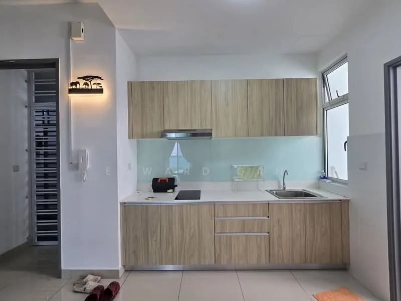 Kitchen features: light wood cabinetry, white quartz countertop, single-bowl stainless-steel sink, chrome pull-down faucet, built-in oven, stainless-steel range hood, ceramic tile flooring, wall-mounted light fixture, glass backsplash, sliding window, kitchen island, appliance garage, open shelving; style: modern.