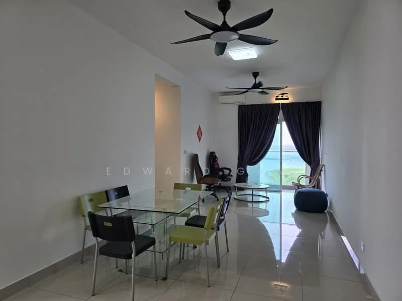 Dining features: glass dining table, 4 black dining chairs, 2 green dining chairs, floor-to-ceiling windows, curtains, marble tile flooring, 2 ceiling fans, air conditioning unit, decorative wall art, view of the outdoors; style: modern; view: garden.