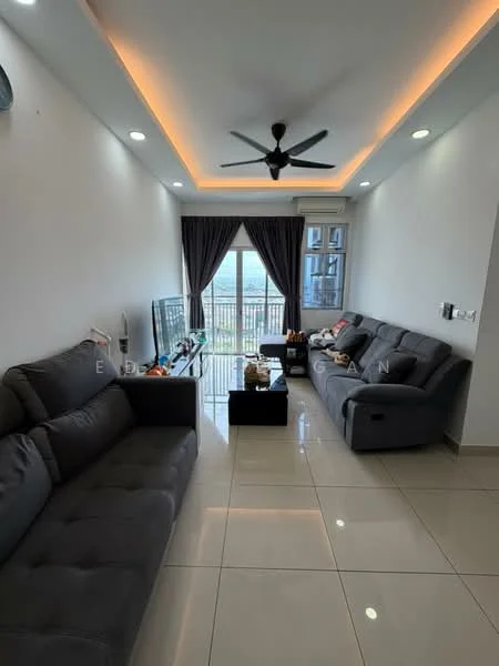 Living features: grey fabric 3-seater sofa, grey fabric 2-seater sofa, black coffee table, TV console, wall-mounted TV, recessed LED downlights, 5-blade ceiling fan, white painted walls, glossy tile flooring, floor-to-ceiling windows with sheer curtains, balcony view, decorative wall art; style: modern; view: city.