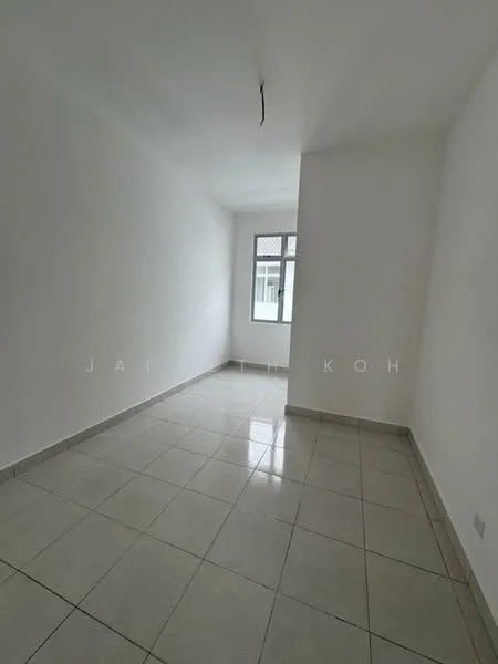 Room features: white painted walls, glossy ceramic tile flooring, single window, neutral color scheme, no visible furniture, ceiling light fixture, corner room, minimalist design; style: minimalist.
