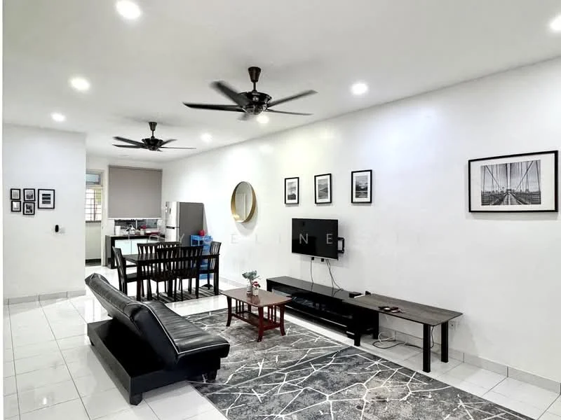 Living features: black leather sofa, 3-blade ceiling fan, white painted walls, recessed LED downlights, marble tile flooring, area rug with geometric pattern, wall-mounted TV, TV console, decorative wall art, round mirror, dining table visible in background, kitchen area visible in background; style: modern.