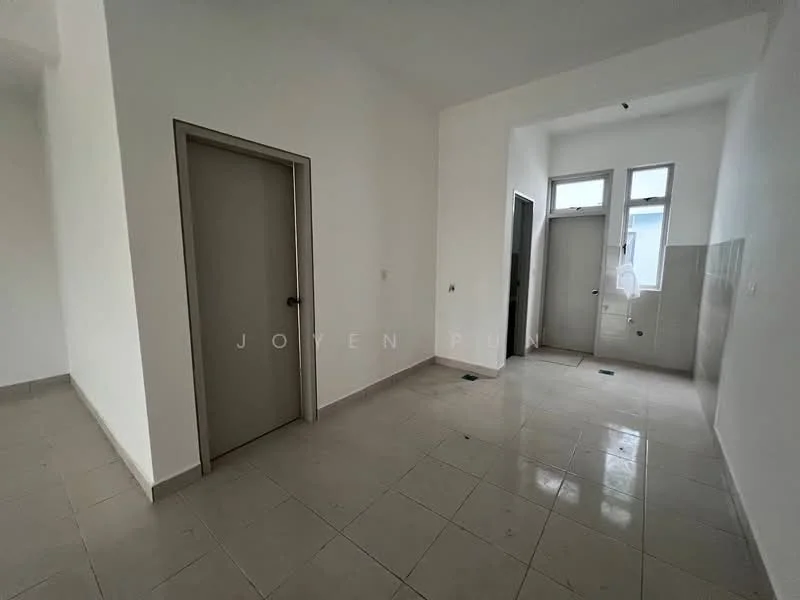 Room features: white painted walls, tile flooring, two doors, one window, light fixture, plumbing fixtures visible, corner space, neutral color scheme.